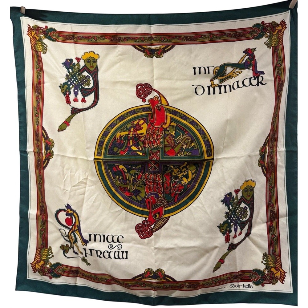 Book of Kells Women's Satin Celtic Art Square Scarf 36x36 Cream Green Logo